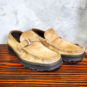 Salvatore Ferragamo Made in Italy Tan Suede Gold Tone Slip On Loafers Mens Sz 8